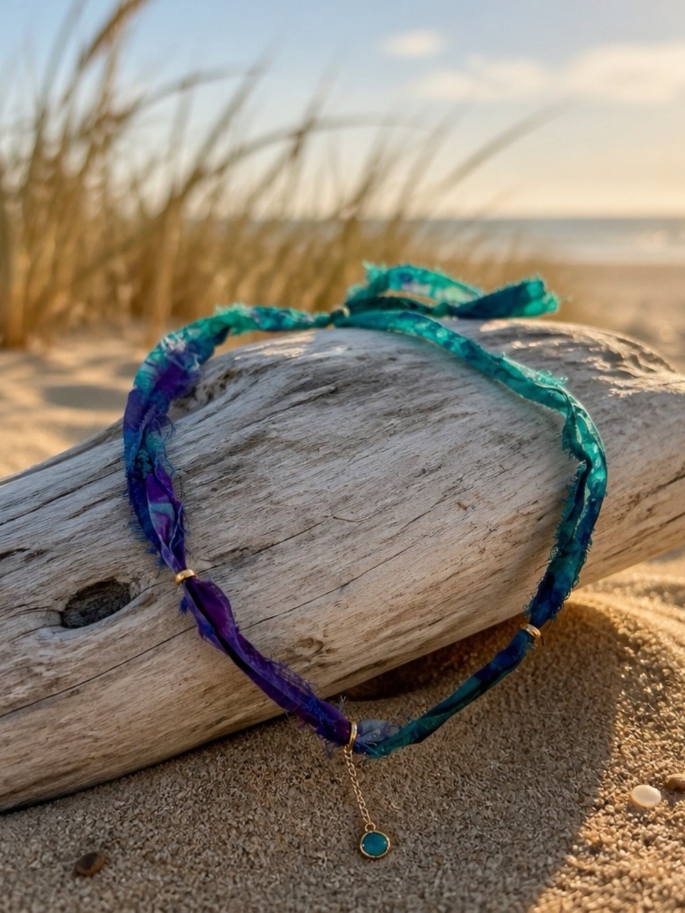 Elegant Teal & Purple Silk Ribbon Necklace with Turquoise Pendant